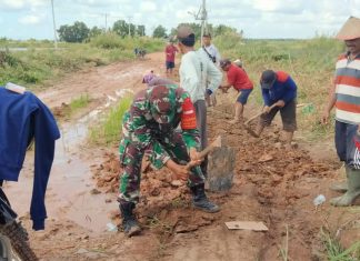 Babinsa Pasiran Jaya Gotong Royong Perbaiki Jalan Bersama Warga.