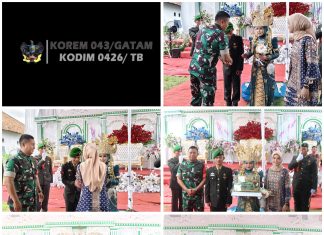 Dandim 0426 TB, Di Dampingi Ketua Persit KCK Cabang XLlX Menyematkan Cincin Di Pernikahan Pratu Angga