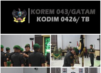 Dandim 0426 TB, Didampingi Ketua Persit KCK, Hadiri Acara Tradisi Penerimaan Warga Baru Dan Serah Terima Jabatan Dijajaran Korem 043/Gatam
