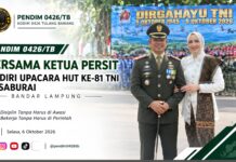 Dandim 0426/TB Bersama Ketua Persit Hadiri Upacara HUT ke-81 TNI di Saburai Bandar Lampung