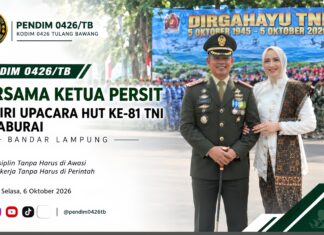 Dandim 0426/TB Bersama Ketua Persit Hadiri Upacara HUT ke-81 TNI di Saburai Bandar Lampung