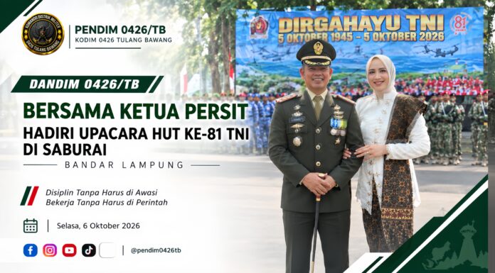 Dandim 0426/TB Bersama Ketua Persit Hadiri Upacara HUT ke-81 TNI di Saburai Bandar Lampung